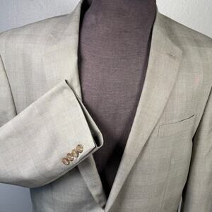 Chaps Sport Coat Blazer Men's 46L Tan Gray Blue Windowpane plaid 2 Button Long